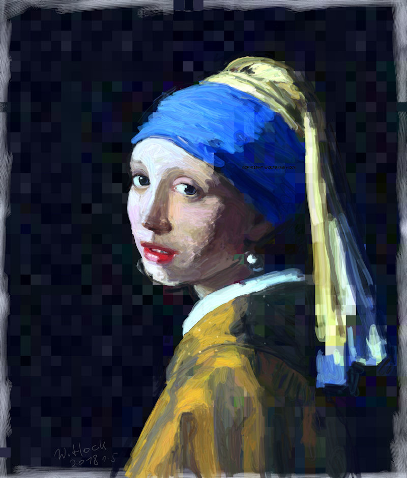 The Look at Vermeer's Camera Lense Der Blick in Vermeers Kameralinse  2018   Handmade digital painting on canvas 110 x 130 cm (228 megapixel)