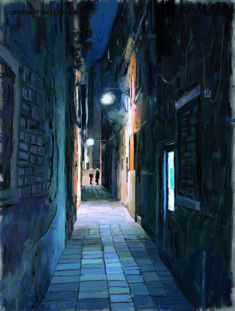 Conversation at Night (Venice) 2017   Handmade digital painting on canvas 120 x 160 cm (202 megapixel)